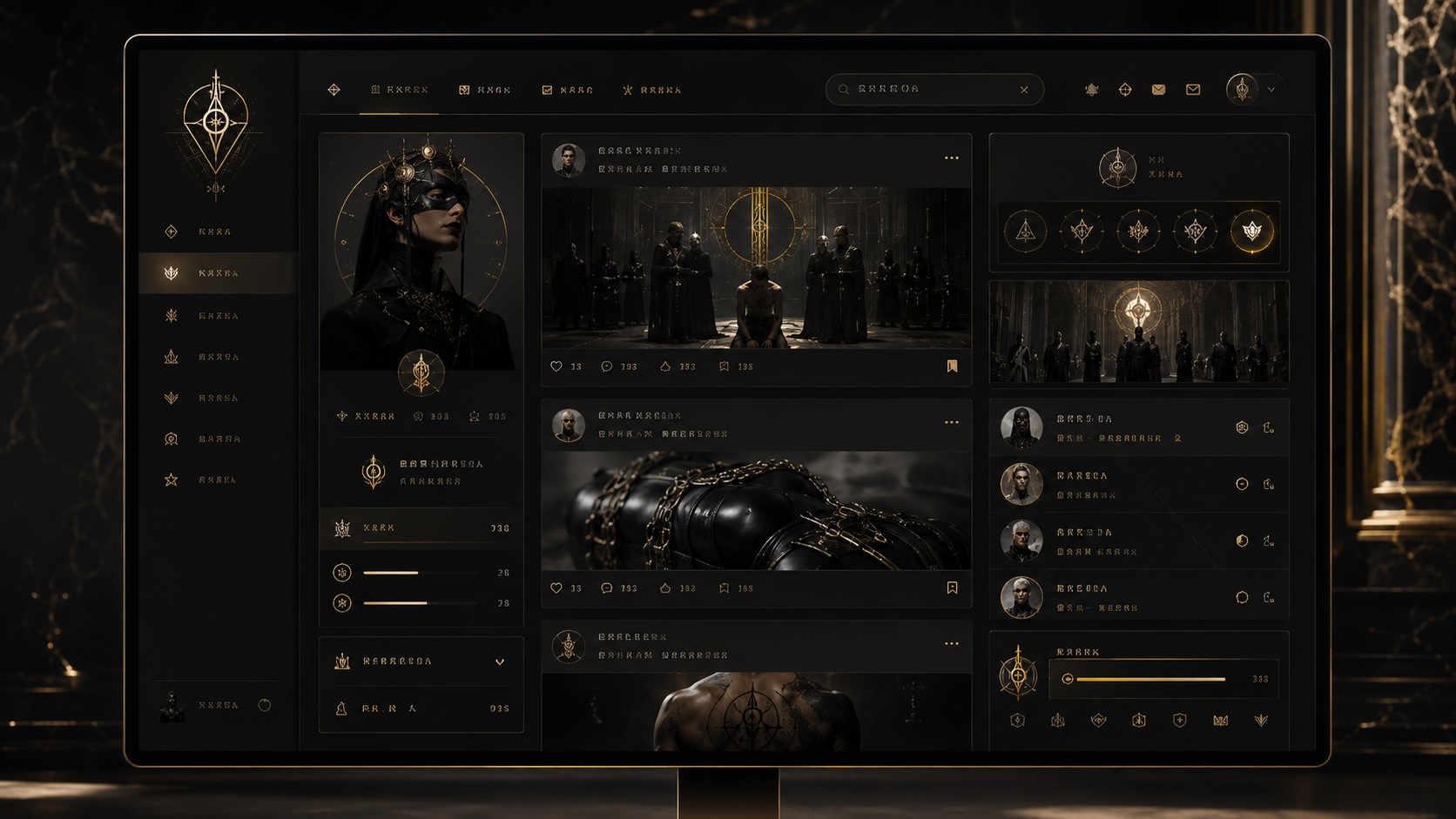 A dark luxury social platform feed interface with gold institutional details.